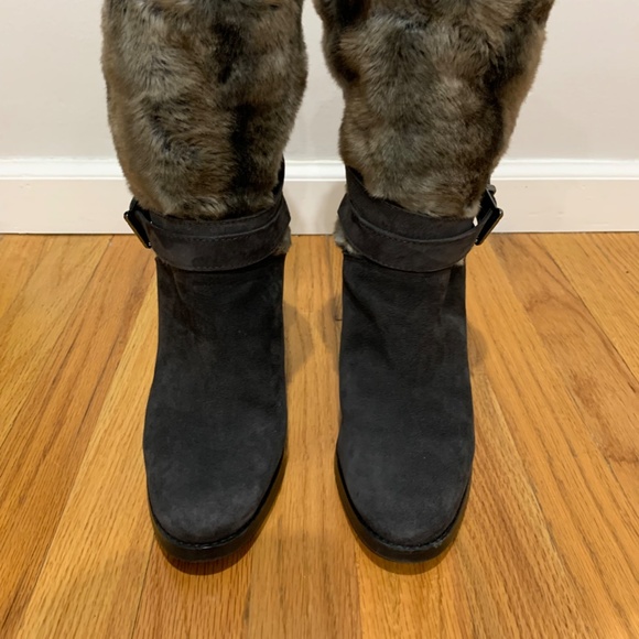 Stuart Weitzman Furstup Slate Grey suede Booties 9 Faux fur pull in buckle Heel - Picture 8 of 16